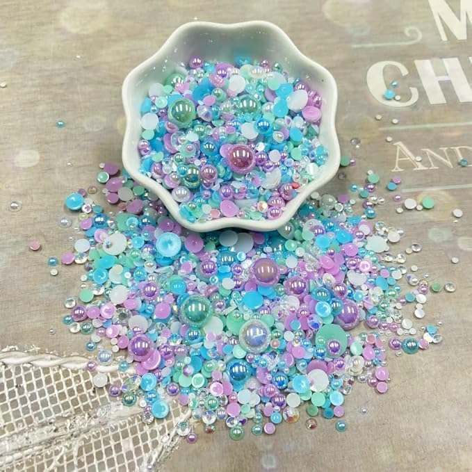 100g Mix Resin Rhinestones Flatback Half Round Pearls Mixed Size 3mm-10mm AB Color Half Pearls Resin Rhinestones for DIY Craft Nail Art Shoes Clothes Phone Case (Purple/Blue/Green Series)