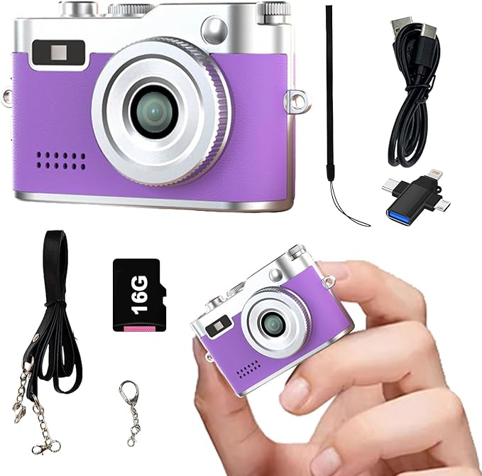 Keychain Retro Camera，Mini Micro Digital Tiny Digital Photo Camera，1080P FHD Tiny Portable Small Cameras Pocket Video Recorder，for Travel Study Recording (Purple-16G)