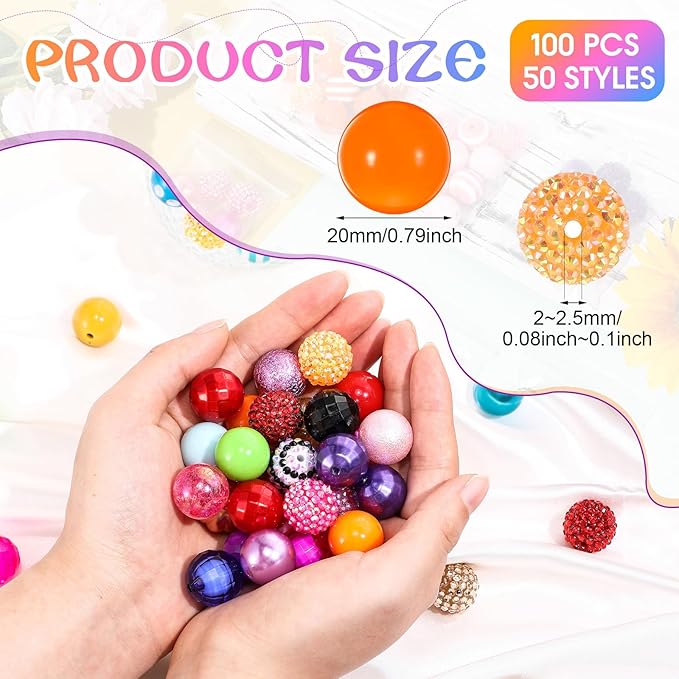 100 Pcs 20mm Rhinestone Bubblegum Beads for Pens Mixed Crystal Resin Chunky Beads for DIY Craft Keychain Necklace Bracelet Jewelry Making(Multicolor)