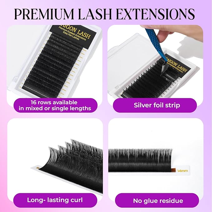 SAIGON LASH Easy Fan Eyelash Extensions, Volume Lash Tray for Lash Techs, C/CC/D Curl, 0.03/0.05/0.07mm Thickness, 8-15mm Mixed Lengths, 16 Rows, Soft PBT Material, Black (CC-0.05)