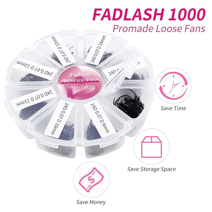 FADLASH 1000 Fans 24D Premade Volume Eyelash Extensions Mixed Tray Premade Fans Eyelash Extensions D Curl Premade Lash Fans Pointed Handmade Promade Loose Fans Thin Base (24D-0.07D,8-15mm)