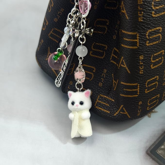 Cute Cat Keychain, Y2K Heart Bow Pendant, Kawaii Cat Bag Charm