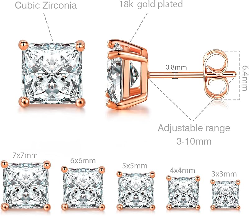 MDFUN 5 Pairs Square Earrings Set for Women Hypoallergenic 18K White Gold/Yellow Gold/Rose Gold Plated Princess Cut Clear Cubic Zirconia Stud Earring 3-7MM Pack of 5
