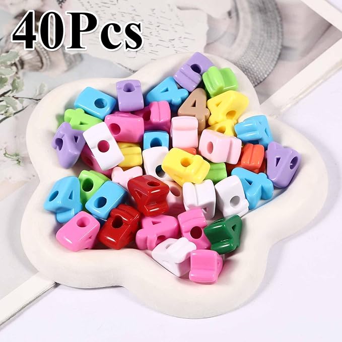 40 PCS Number Beads 3D Focal Bead Acrylic Loose for Jewelry Making Bracelet Necklaces Keychain Phone Bag Chain Key Chains (Mixed Color 4)