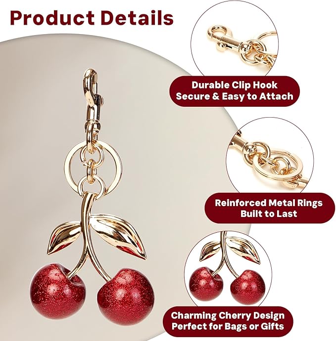 YDF Cherry Keychain Cute Bag Charm Women Leather Keyring Car Keys Gift Mother's Day Birthday Valentine's Purse Accessory