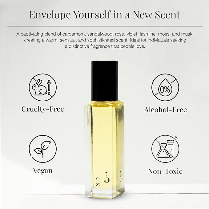 Riddle Ex Roll-On Perfume Made in USA - Premium Rollerball Fragrance for Women with Cardamom, Sandalwood, Rose, and Musk - Long-Lasting Alcohol-Free Gentle on Skin - Ideal for Daily Use and Travel