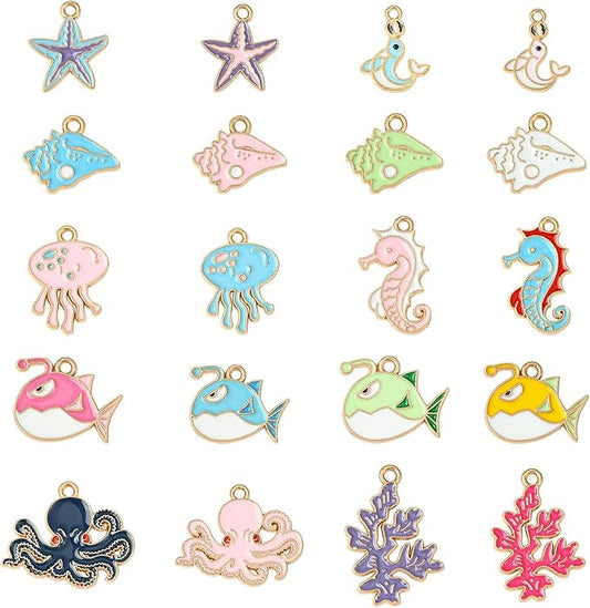 Stiesy 100 Pcs 20 Styles Sea Animal Enamel Metal Charm Pendant Starfish Shell Fish Sea Horse Ocean Animals Alloy Charms Bulk for Jewelry Making DIY Bracelet Earring Necklace Crafting