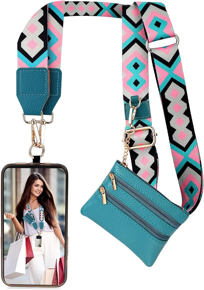 XANGNIER Clip and Go Strap for Phone with Wallet Crossbody, Phone Strap with Zippered Wallet, Adjustable Anti Theft Cellphone Lanyard for Women, Cellphone Chain Accessories,Multicolor 8