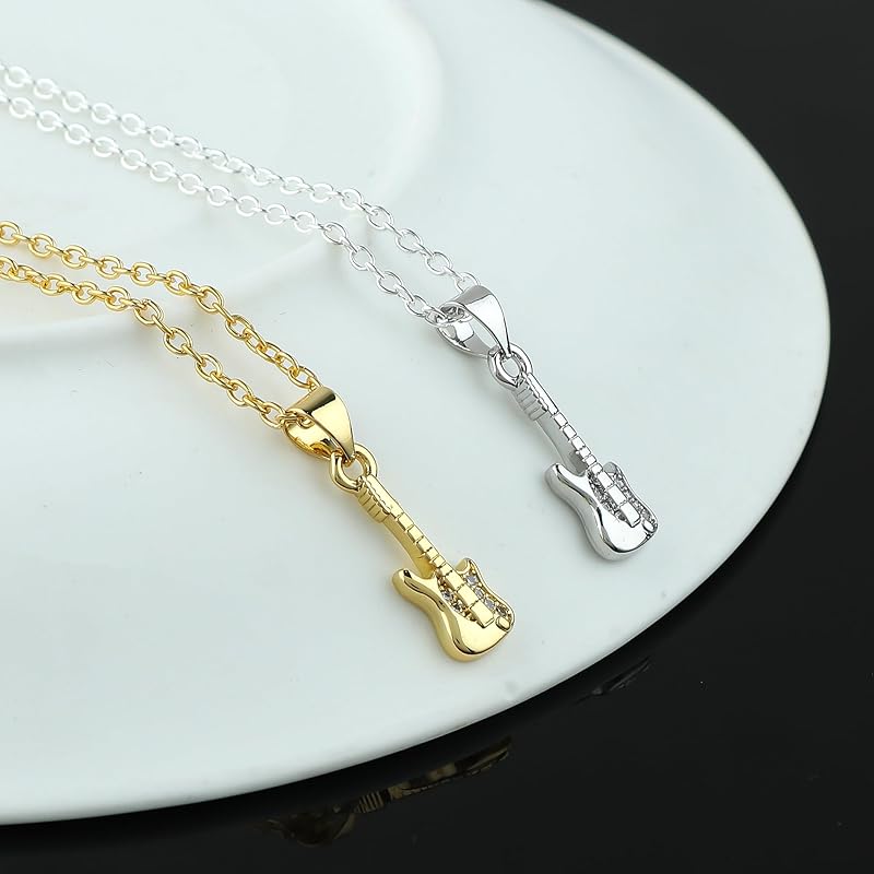 JOR Guitar Charm Pendant Necklace, CZ, Men & Women Unisex Jewelry, Dainty Gold & Silver Plated Combo Chain 18 inch (Pack of 2)
