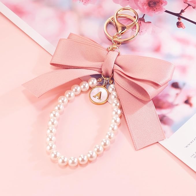 XGALBLA Initial Letter Cute Coquette Bow Keychain for Women, Wristlet Simulated Pearl Keychains Bag Charms for Handbags