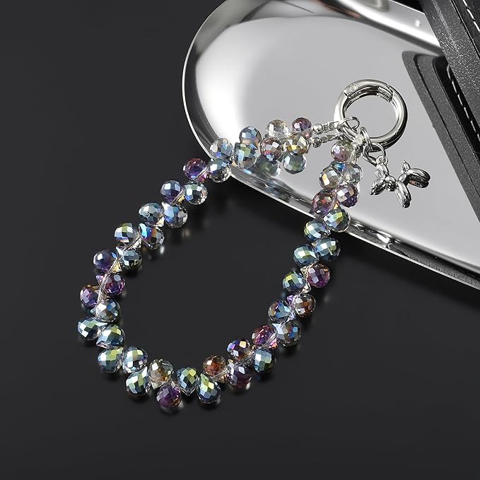 Crystal Phone Wrist Strap Phone Charm Chain Keychain Beaded Cellphone Lanyard with Tether Tab Hands-Free Wristlet Bracelet Wrist Grip Strap for Women, D-Dark Purple