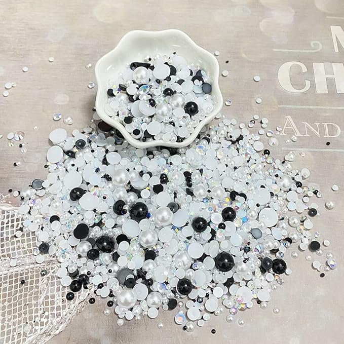 100g Mix Resin Rhinestones Flatback Half Round Pearls Mixed Size 3mm-10mm AB Color Half Pearls Resin Rhinestones for DIY Craft Nail Art Shoes Clothes Phone Case (Black White Series)