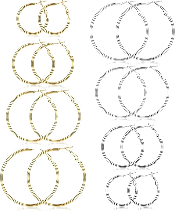 8 Pairs Gold Silver Hoop Earrings for Women, Hypoallergenic Stainless Steel Two Tone hoop earrings set, Lightweight Earrings Hoops for Women 4 Sizes (30/40/50/60mm)