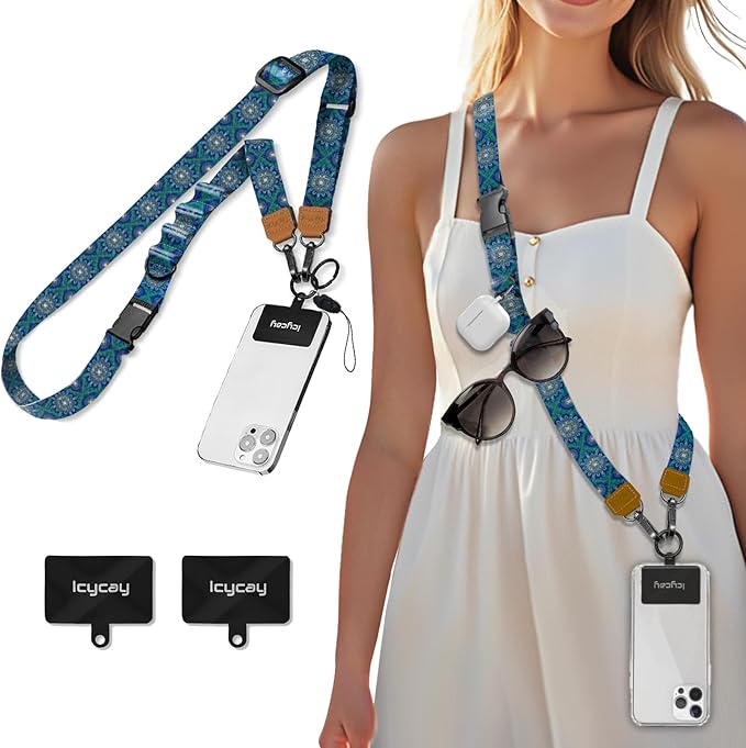 Phone Lanyard Crossbody, Boho Blue Cell Phone Strap for Around The Neck Adjustable, Anti Theft Cute Lanyard for iPhone Case ID Holder Keys Accessories Travel Essential