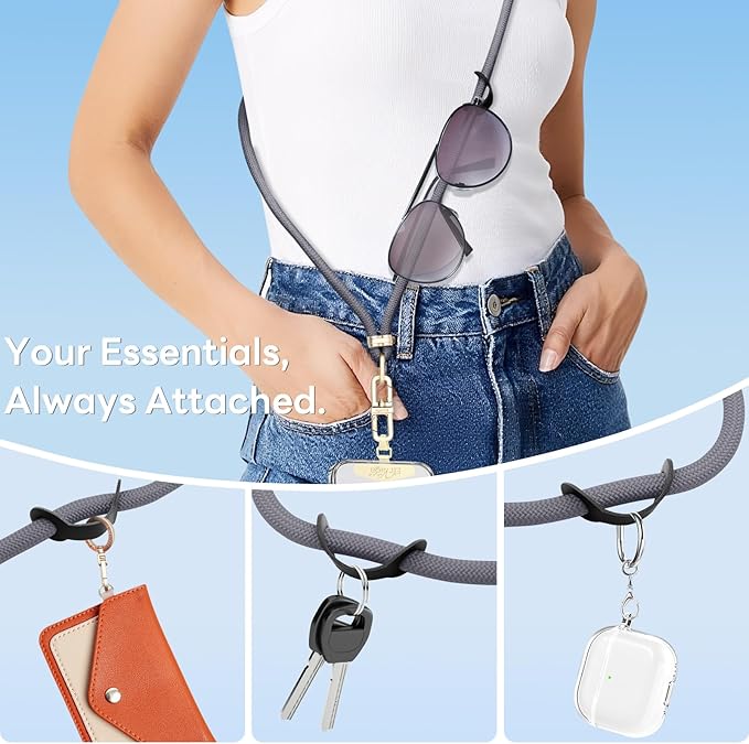 Adjustable Anti-Theft Phone Lanyard Neck & Crossbody Strap with 0.2mm Metal Tab & Comfort-Fit 8mm Rope (Light Gray)