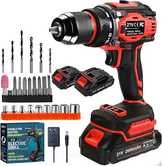 21V Cordless Power Drill/Driver Set, 2 Variable Speeds with LED Light, 3/8" Keyless Chuck, 2 Batteries & Charger, 28-Piece Kit for Home Use（Red)