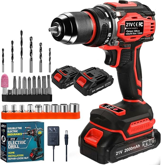 21V Cordless Power Drill/Driver Set, 2 Variable Speeds with LED Light, 3/8" Keyless Chuck, 2 Batteries & Charger, 28-Piece Kit for Home Use（Red)