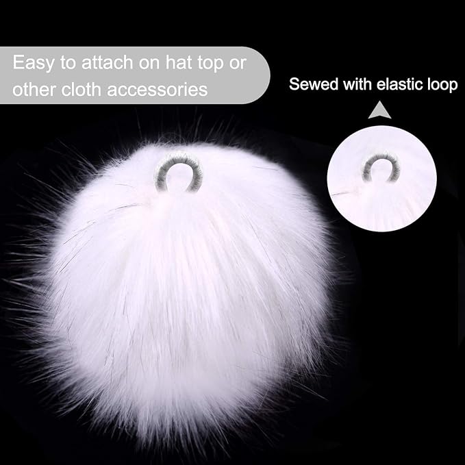 Coopay 16 Pieces Faux Fox Fur Pom Pom Balls DIY Fur Fluffy Ball with Elastic Loop for Hats Keychains Scarves Gloves Bags Charms Knitting Accessories (White)