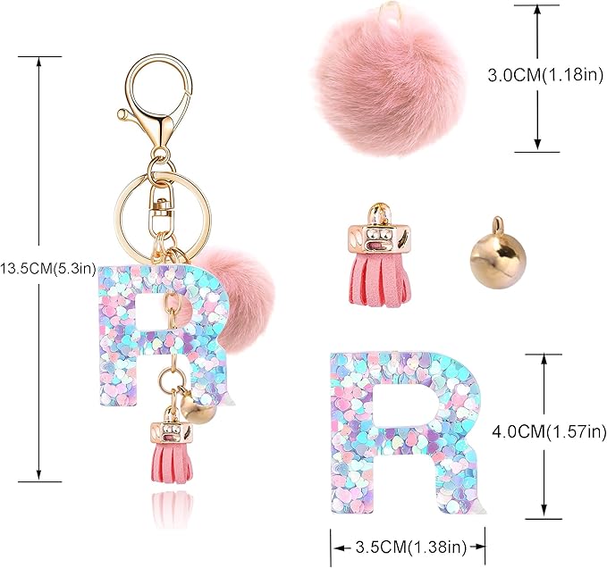 Resin Alphabet Initial Letter Keychain Keyring for Women Purse Handbags With Fur Ball Pom