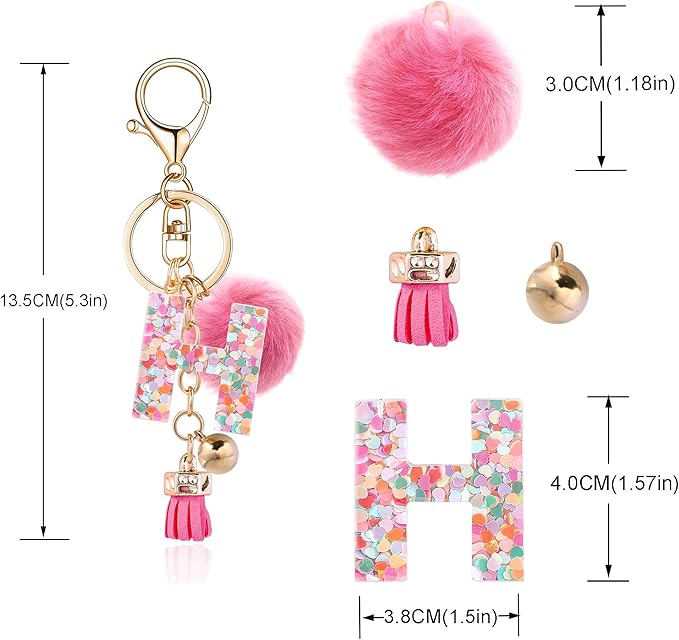 Resin Alphabet Initial Letter Keychain Keyring for Women Purse Handbags With Fur Ball Pom