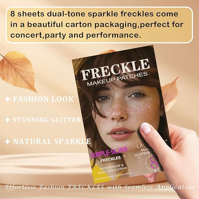 8 Pcs Purple and Silver Face Makeup Patches, Purple and Silver Glitter Freckles Face Tattoo, Sparkle Makeup Patches, Waterproof Face Temporary Tattoos for Women