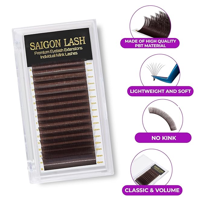 SAIGON LASH Eyelash Extensions, Mink Lash, Volume & Classic Lashes for Professionals, J/B/C/CC/D/L/M Curl, 4-15mm Length, Soft Korean PBT Fiber, 16 Rows Lash Tray (Dark chocolate-D-0.05-8-15mm)
