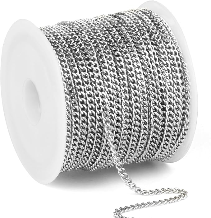 33FT Stainless Steel Cuban Chain Roll 2MM Diamond-Cut Curb Link Chains Spool Bulk for Jewelry Making
