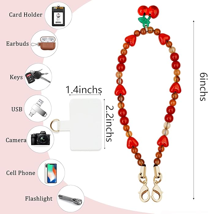 Marble Beaded Phone Wrist Strap,Detachable Phone Bracelet Strap with Tether Tab,Hands-Free Wristlet Strap (Sweet Cherries)
