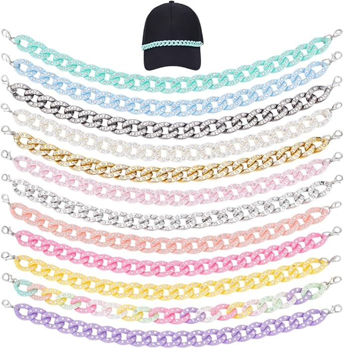 WEBEEDY 12 Pcs Trucker Hat Chains Bulk 12 Colors Acrylic Rhinestone Charms with Lobster Clasps Jewelry Chains for Baseball Hat Decoration Music Festival Party DIY Accessories, 10.6x0.6 Inch