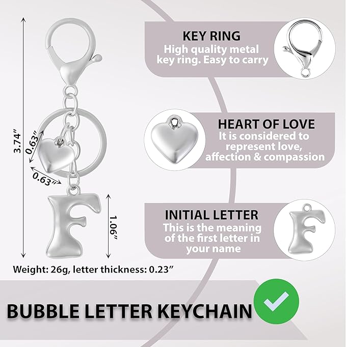 Heart Bubble Letter Keychain for Women, Girls - Cute Keychain with Initial - Alphabet Keychain for Bag Charm, Handbag