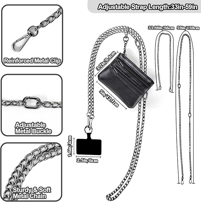 XANGNIER Clip and Go Strap for Phone with Wallet Crossbody, Phone Strap with Zippered Wallet, Adjustable Anti Theft Cellphone Lanyard for Women, Cellphone Chain Accessories,Chain Black