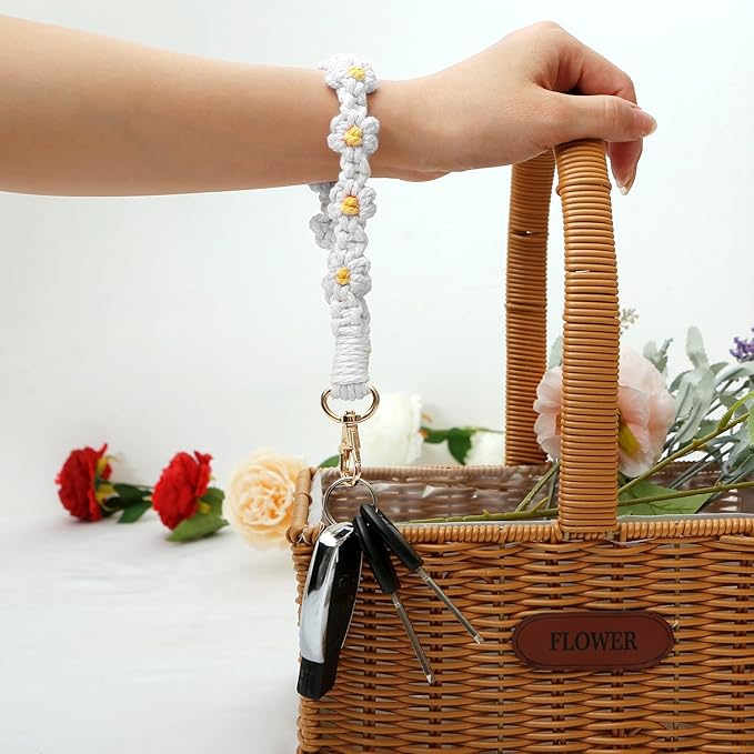 Macrame Keychain Handmade Wristlet Keychain Wrist Lanyard for Keys Cute flower keychain Key Chain for Women