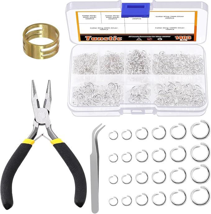 Tanstic 1403Pcs Silver Open Jump Rings Kit - 4mm, 5mm, 6mm, 7mm, 8mm, 10mm With Opener, Pliers and Tweezer for Jewelry Making