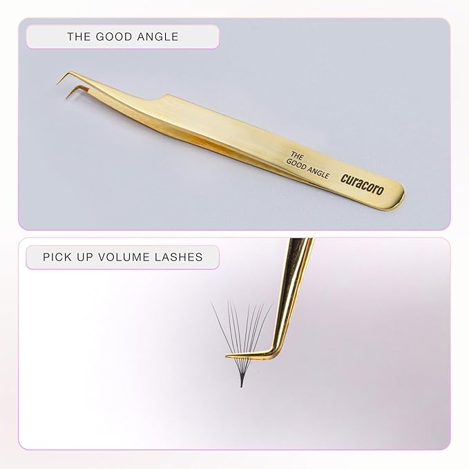 Curacoro Lash Tweezer - Professional & Precision Fiber Tip Grip Lash Tweezers for Eyelash Extensions, Multi Shapes & Purposes Tweezers for Volume, Isolation & Classic Lashes (Silver, The Good Angle)