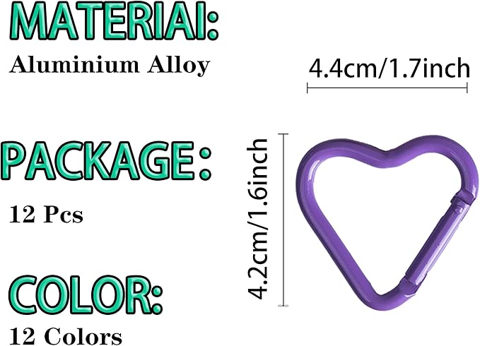 12Pack Heart Shape Carabiners Keychain Clips Camping Accessories,Cute Carabiner Clip Aluminum Ring Climbing Clips for Keychains, Water Bottle Holders, Dog Leashes