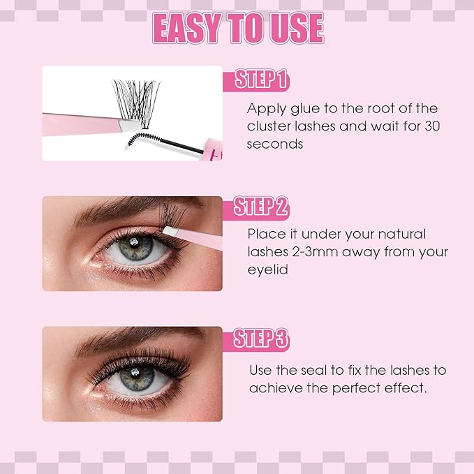 FADLASH Lash Clusters Kit DIY Lash Extension Kit D Curl 0.07 Natural Eyelash Extension Clusters Wispy Lash Clusters with Lash Bond and Seal Lash Tweezer for Self Application(F34-0.07D, 8-16mm Kit)