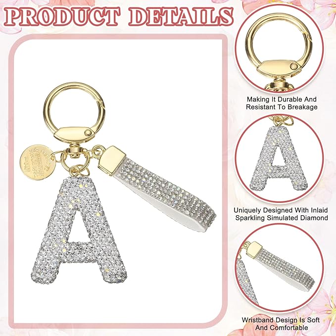 PATIKIL Initial Letter Keychain, Cute Sparkly Rhinestone Key Chain Alphabet Charm for Car Keys Handbags Purse