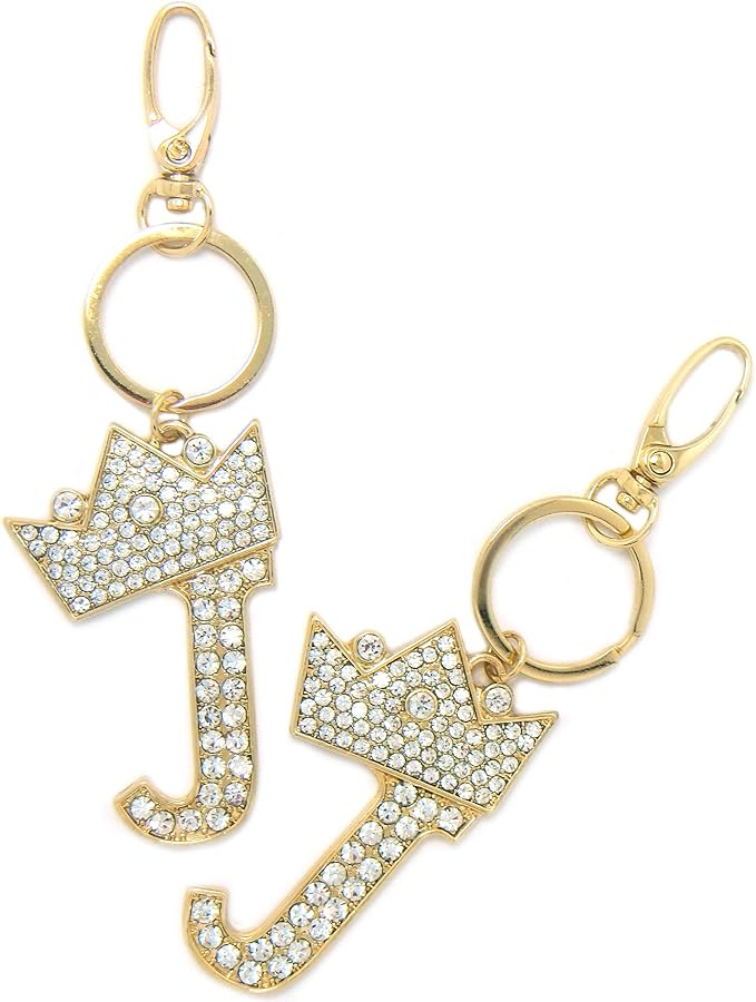 CBC Crown Crystal Rhinestone Letter Initial Keychain, Gold Metal, Bag Charm with Key Ring Approx. 2.17" x 2.56"
