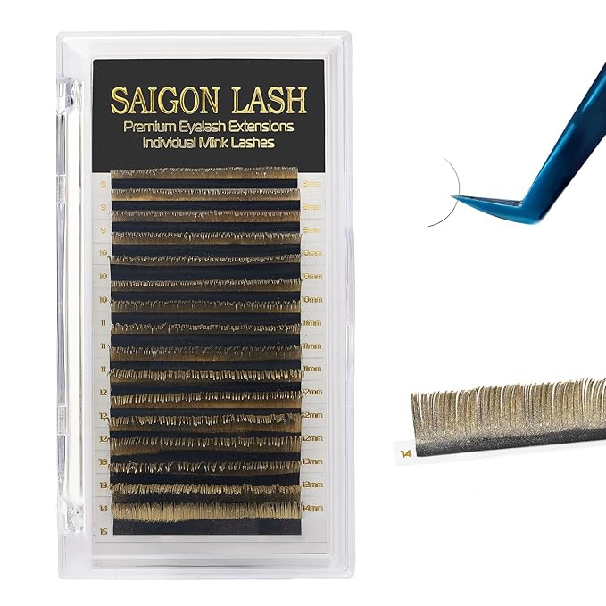 SAIGON LASH Eyelash Extensions, Mink Lash, Volume & Classic Lashes for Professionals, J/B/C/CC/D/L/M Curl, 4-15mm Length, Soft Korean PBT Fiber, 16 Rows Lash Tray (New Gold-CC-0.07-8-15mm)