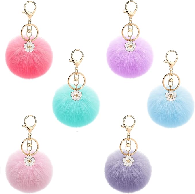 Backpack Keychains - Keychains for Backpacks Girls,6 Pack Cute Animal Pom Pom Keychains,Fluffy Faux Fur Ball Keychain Accessories for Girls and Women