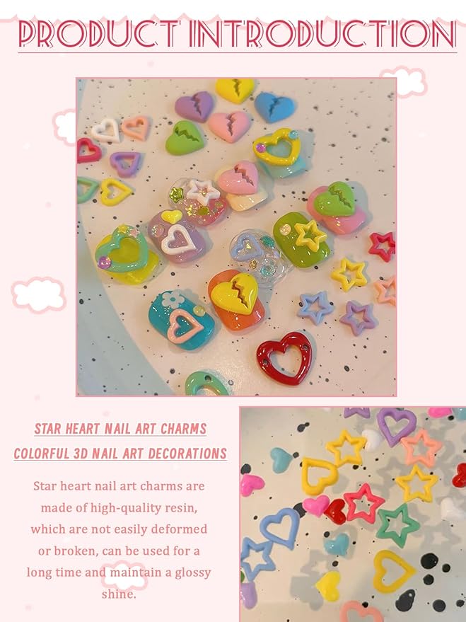 160Pcs Kawaii Nail Charms, CYHYII 3D Heart Stars Colorful Resin Nail Art Charm Acrylic Cute Love Nail Gems for Women Girls Nail Decorations DIY Manicure Craft Jewelry