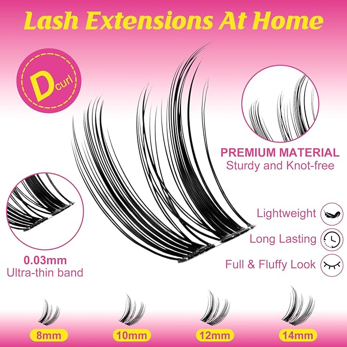 WiWiLINK Wispy Lash Clusters 8-14mm Spike Eyelash Clusters D Curl DIY Lash Extension with Spikes 0.03mm -Invisible Band Natural Individual Cluster Eyelashes, Freya Short
