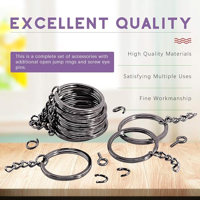 Swpeet 300Pcs 7/5 Inch 35mm Black Flat Key Chain Rings Kit, Including 100Pcs Split Keychain Rings with Chain and 100Pcs Jump Ring with 100Pcs Screw Eye Pins Bulk for Jewelry Findings Making