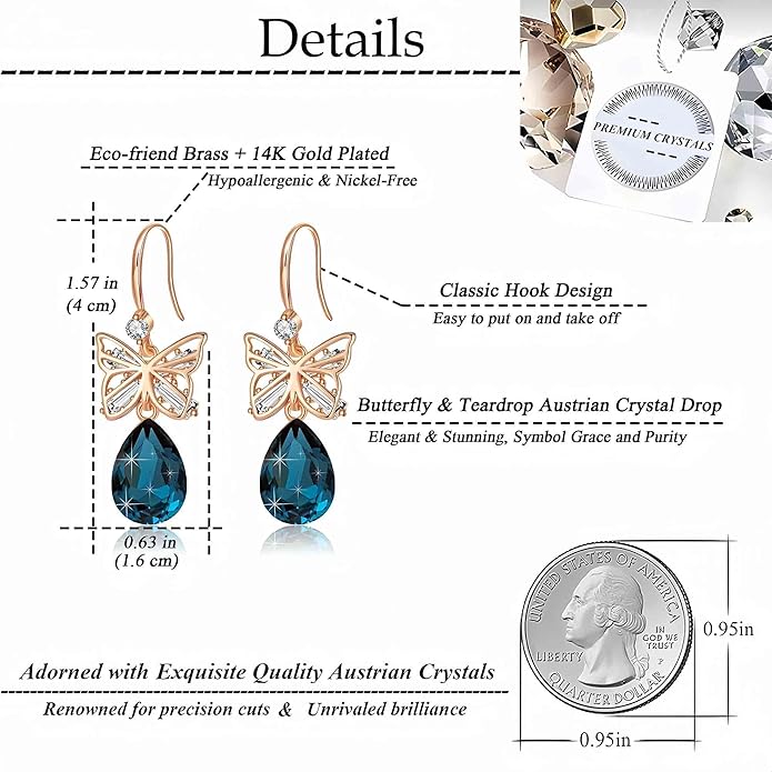 Austrian Crystal Teardrop Butterfly Drop Dangle Earrings for Women 14K Rose Gold Plated Hypoallergenic Jewelry