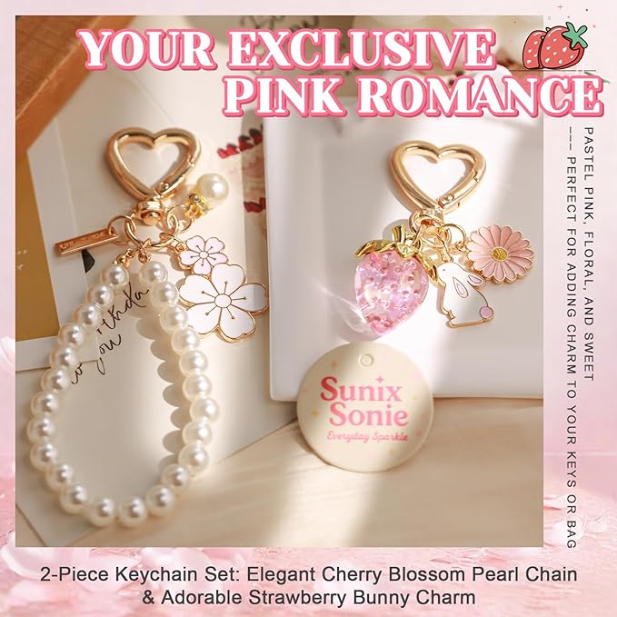 2Pcs Strawberry Keychain Flower Cherry Blossom Keychain Cute Bag Charms Strawberry Gift for Women Girls