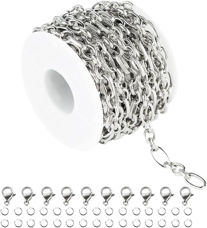 16.4 Feet Silver Stainless Steel Chains for Jewelry Making Heavy Men Hip-pop Necklace Embossed Cable Link Chain Bulk with 30 Jump Rings 10 Lobster Clasps