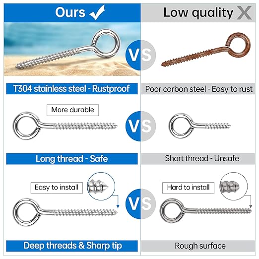 Muzata 10 Pack Eye Screws 3.3 Inch Stainless Steel Screw Eye Hook for Wood Heavy Duty M6 Eyelet Hooks Self Tapping Securing Cables Wire Indoor Outdoor CR18
