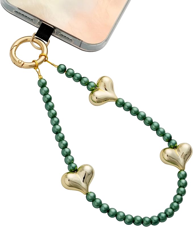 Beaded Phone Wrist Strap for Women Pearl Wristlet Strap Cute Phone Lanyard Golden Heart Shaped Bead Cellphone Chain (Green)