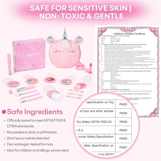 Kids Real Makeup Kit for Girls 3-10 Years Old : Washable Non Toxic Make Up Toys for Toddler Valentines Day Gifts - 17Pcs Vanity Sets with Unicorn Purse for Kid Ages 3 4 5 6 7 8 Birthday Gift - Pink