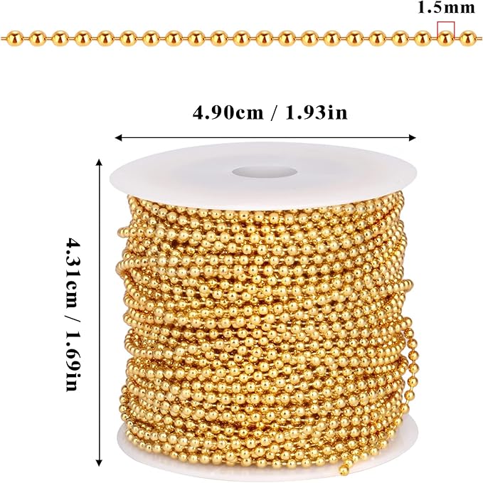 Gold Ball Bead Chain [1.5mm/50Feet] 18K Gold Plated Stainless Steel Ball Chains Spool with 30 PCS Connectors for Jewelry Making, Necklace, Key Chain, Dog Tag Chain DIY Craft